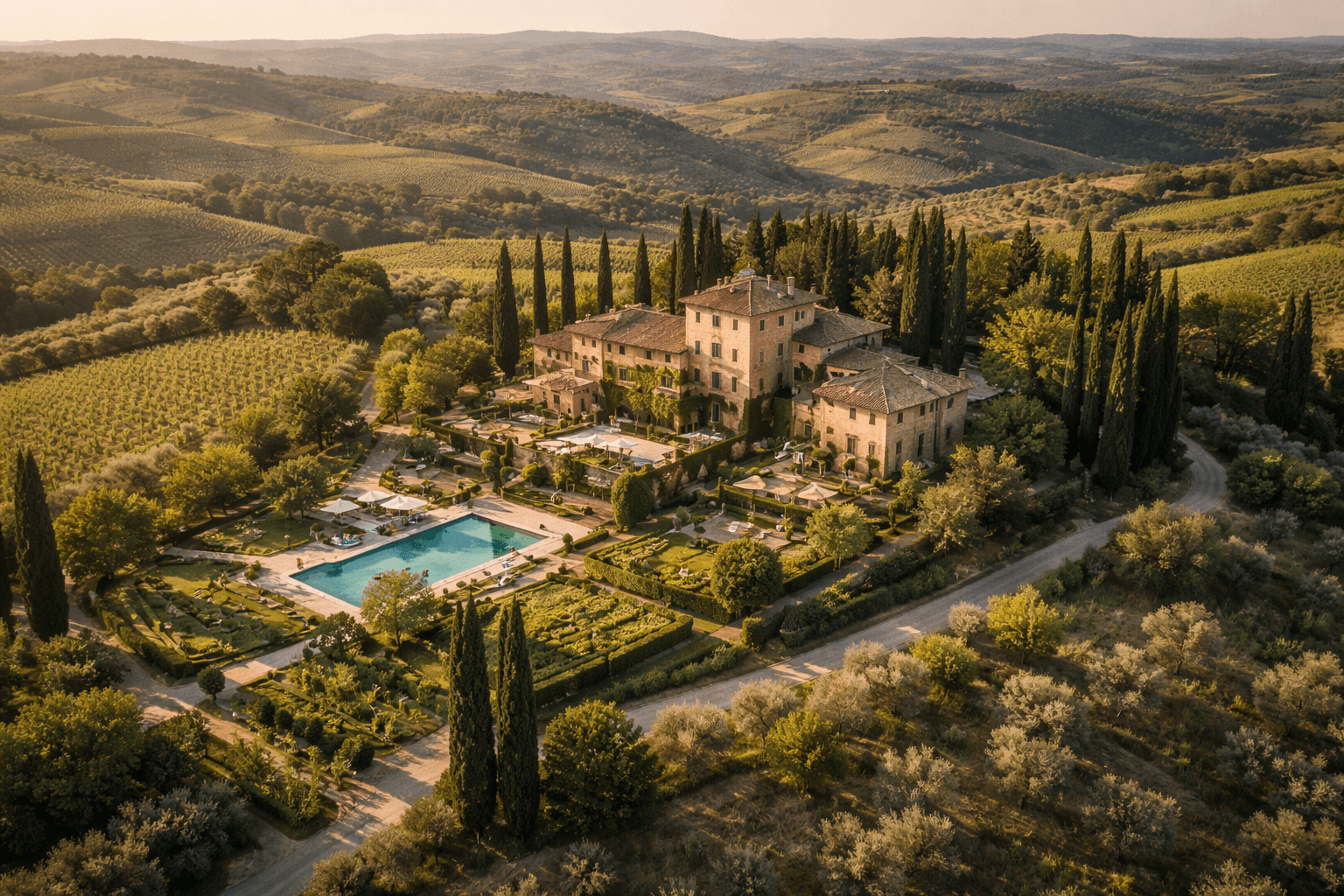 Tuscan villa surrounded by vineyards and gardens